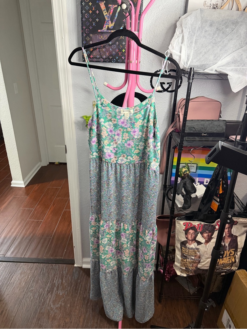Monteau Green Floral Midi Dress with Lavender and Peach Blooms